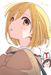  2girls bag birthday blonde_hair blush box brown_cardigan brown_hair candy cardigan character_name chibi closed_eyes commentary_request dated food food_in_mouth gift gift_box highres hitori_bocchi hitoribocchi_no_marumaru_seikatsu holding holding_bag holding_gift katsuwo_(cr66g) lollipop lollipop_in_mouth long_sleeves looking_at_viewer mole mole_under_eye multiple_girls official_art sailor_collar school_bag school_uniform simple_background sunao_nako white_background white_sailor_collar yellow_eyes 
