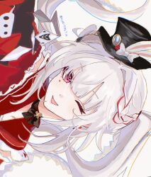  1girl bow commentary hat hat_bow heart highres honkai:_star_rail honkai_(series) long_hair mini_hat nyoki1586714 one_eye_closed open_mouth pink_eyes sideways signature smile sparkle_(honkai:_star_rail) sparxie_(honkai:_star_rail) twintails white_background white_bow white_hair 