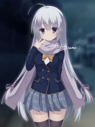  1girl \||/ ahoge arm_behind_back ayachi_nene black_jacket black_thighhighs blurry blurry_background bow bowtie breasts buttons closed_mouth cowboy_shot double-breasted eyes_visible_through_hair grey_hair grey_skirt hair_between_eyes hair_ribbon hand_up highres huge_ahoge jacket large_breasts light_blush long_hair long_sleeves looking_at_viewer making-of_available miniskirt night outdoors pink_ribbon plaid_clothes plaid_skirt pleated_skirt ribbon sanoba_witch school_uniform sidelocks signature skirt smile solo thigh-highs very_long_hair violet_eyes xiaoyin_sama yellow_bow yellow_bowtie zettai_ryouiki 