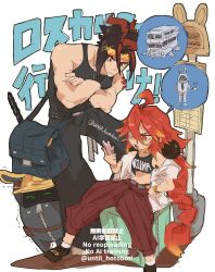  1boy 1girl ahoge alternate_costume anton_ivanov bag bangboo_(zenless_zone_zero) bare_shoulders black_hair black_pants black_shirt black_tank_top blue_bag closed_mouth commentary_request crop_top crossed_arms hair_between_eyes hair_ornament headband highres holding holding_phone koleda_belobog long_hair midriff multicolored_hair navel open_mouth pants phone red_eyes red_hair red_streaks safety_(zenless_zone_zero) shirt sitting sphere_hair_ornament spiky_hair streaked_hair tank_top twintails until_hotobori white_background yellow_headband zenless_zone_zero 