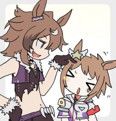  >_< 2girls ahoge animal_ears biko_pegasus_(gale_pegasus_type_zero)_(umamusume) biko_pegasus_(umamusume) brown_hair ear_ornament fang fur-trimmed_gloves fur-trimmed_jacket fur_trim gloves hair_tuft horse_ears horse_girl jacket jewelry multicolored_hair multiple_girls navel necklace open_mouth poking shinko_windy_(umamusume) shinko_windy_(wicked_punk)_(umamusume) shirt shorts simple_background smug superhero_costume teardrop teasing tooth_necklace torn_clothes torn_shirt umamusume uuzzangohayo violet_eyes 