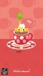  black_eyes coffee_beans colored_skin commentary cup highres leaf looking_at_viewer meme_(sleepsheep) no_humans on_head pikmin_(creature) pikmin_(series) pikmin_bloom pointy_ears saucer speech_bubble untranslatable_commentary whipped_cream yellow_pikmin yellow_skin 