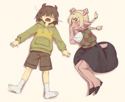  1girl 1other aged_down black_shorts black_skirt blonde_hair braid brown_hair checkered_sweater_vest commentary deer_tail deltarune demon_horns fake_horns furry furry_female green_hoodie hair_ornament hairband hairclip highres hood hoodie horn_hairband horns kris_(deltarune) long_hair lying noelle_holiday on_back on_side open_mouth red_hairband red_horns shirt short_hair shorts single_horizontal_stripe skirt sleeping socks striped_clothes striped_hoodie tail torete_(70re7e) twin_braids untranslatable_commentary utdr_(toby_fox) white_shirt white_socks 