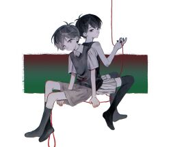  2boys antenna_hair black_eyes black_hair black_socks black_sweater_vest black_tank_top black_thighhighs brown_shorts closed_mouth collared_shirt colored_skin dual_persona expressionless looking_at_viewer male_focus multiple_boys omori omori_(omori) parted_bangs rou_(h_s_sinrin) shirt short_hair short_sleeves shorts socks string string_of_fate striped_clothes striped_shorts sunny_(omori) sweater_vest tank_top thigh-highs vertical-striped_clothes vertical-striped_shorts white_shirt white_shorts white_skin white_socks 