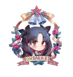  1girl bell black_hair character_name christmas closed_mouth colored_inner_hair commentary dress fate/grand_order fate_(series) flower hair_ribbon highres holly long_hair looking_at_viewer multicolored_hair pinafore_dress red_eyes red_hair ribbon shirt simple_background sleeveless sleeveless_dress smile solo tohsaka_rin two_side_up white_background white_shirt yorktown_cv-5 