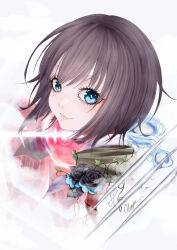  1girl absurdres aoi_erika black_flower black_hair black_rose blue_eyes closed_mouth commentary_request eyelashes flower from_behind heaven_burns_red highres kalin_note looking_back rose short_hair smile upper_body 