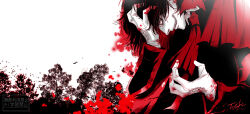  1boy alucard_(hellsing) ascot blood blood_on_hands capelet crazy_grin crazy_smile from_side gloves grin hand_in_own_hair hand_on_own_head hellsing highres limited_palette looking_down male_focus red_ascot red_capelet red_theme signature smile solo toshimichi_yukari tree upper_body watermark 