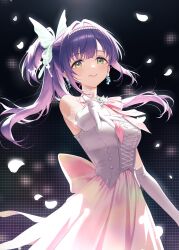  1girl absurdres aurora_flower_(love_live!) bare_shoulders bead_hairband breasts butterfly_hair_ornament closed_mouth commentary_request cowboy_shot cross-laced_clothes cross-laced_top elbow_gloves enu_illustip gloves hair_bun hair_intakes hair_ornament highres lace-trimmed_gloves lace_trim light_smile looking_at_viewer love_live! love_live!_hasu_no_sora_jogakuin_school_idol_club medium_breasts neck_ribbon offering_hand otomune_kozue pink_ribbon pink_skirt purple_hair revision ribbon shirt side_ponytail single_side_bun skirt sleeveless sleeveless_shirt solo split_mouth textless_version virtual_youtuber white_gloves white_shirt 