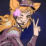  1girl ahri animal_ears blonde_hair blush fox_ears headphones heart league_of_legends open_mouth peace_symbol ranger_squirrel smile solo spoken_heart wink 