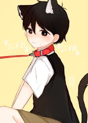  1boy animal_ears antenna_hair black_eyes black_hair black_sweater_vest blush bright_pupils brown_shorts cat_boy cat_ears cat_tail closed_mouth collar collared_shirt commentary_request double-parted_bangs hair_between_eyes highres kemonomimi_mode leash looking_at_viewer male_focus mo0tya omori red_collar shirt short_hair shorts simple_background solo sunny_(omori) sweat sweater_vest tail white_pupils white_shirt yellow_background 