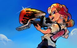  1girl alternate_costume ange_katrina blue_background blue_sky blush clouds commentary_request from_side glint gun highres holding holding_gun holding_weapon ink_tank_(splatoon) looking_at_viewer looking_to_the_side medium_hair nijisanji nose_blush octoling open_mouth range_blaster_(splatoon) red_hair shirt short_sleeves shou-star sky smile solo splatoon_(series) splatoonification sunglasses t-shirt teeth tentacle_hair upper_body violet_eyes virtual_youtuber weapon white_shirt 