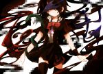  1girl asymmetrical_wings black_dress black_hair black_legwear bow covering covering_eyes covering_face cuffs dress hisona_(suaritesumi) houjuu_nue short_hair short_sleeves simple_background sketch smile snake solo thighhighs touhou wings zettai_ryouiki 