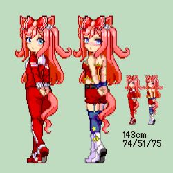  1girl agnes_digital_(umamusume) animal_ears blue_eyes blush bow hair_bow horse_ears horse_girl horse_tail jacket jersey keykey117117 long_hair looking_at_viewer multiple_girls open_mouth pink_hair pixel_art school_uniform shirt tail tracen_school_uniform track_jacket track_suit umamusume 
