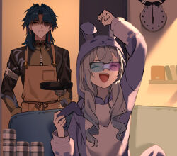  1boy 1girl ^_^ animal_hood apron blade_(honkai:_star_rail) blue_hair can clock closed_eyes commentary_request couch curtained_hair dappled_sunlight drill_hair frying_pan gradient-tinted_eyewear grey_hair hair_between_eyes handheld_game_console happy holding honkai:_star_rail honkai_(series) hood indoors long_hair nao_(naoooo_a) official_alternate_costume on_couch onesie partially_shaded_face playing_games silver_wolf_(comfy_bunny_onesie)_(honkai:_star_rail) silver_wolf_(honkai:_star_rail) sitting sunlight teeth tinted_eyewear upper_teeth_only wall_clock 
