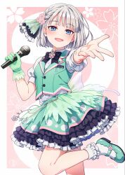  1girl :d adapted_costume black_bow black_bowtie blue_eyes bobby_socks border bow bowtie collared_shirt commentary_request floral_background gloves green_gloves green_shoes green_skirt green_vest grey_hair highres holding holding_microphone idol_clothes konpaku_youmu konpaku_youmu_(ghost) looking_at_viewer mary_janes microphone nora_wanko open_mouth outside_border pink_background puffy_short_sleeves puffy_sleeves reaching reaching_towards_viewer shirt shoes short_hair short_sleeves single_glove skirt smile socks solo standing standing_on_one_leg touhou vest white_border white_shirt white_socks 