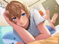  1girl absurdres alternate_costume arai_motoha barefoot blonde_hair blue_eyes closed_mouth commentary_request feet fingernails foreshortening highres indoors lips looking_at_viewer lying mo_yako on_stomach persona persona_5 persona_5:_the_phantom_x pink_lips pink_nails shirt short_hair short_sleeves soles solo the_pose toes white_shirt 