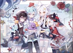  4girls :d :o absurdres animal animal_ear_fluff animal_ears artist_name black_hat black_shorts blue_hair blush border brown_hair closed_mouth commission cyano dated double-parted_bangs feet_out_of_frame fox_ears fox_girl hair_between_eyes hat highres holding holding_animal long_hair long_hair_between_eyes mihuashi_commission multiple_girls octopus open_mouth original outside_border pantyhose pantyhose_under_shorts red_border red_eyes short_hair shorts smile standing violet_eyes watermark white_hair white_hat yellow_eyes 