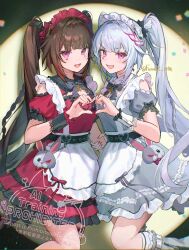  2girls :d alternate_costume brown_hair clothing_cutout commentary_request dress grey_dress grey_hair heart heart_hands heart_hands_duo highres honkai:_star_rail honkai_(series) looking_at_viewer mark_under_both_eyes multiple_girls omelet_tomato red_dress shoulder_cutout smile sparkle_(honkai:_star_rail) sparxie_(honkai:_star_rail) spotlight twintails violet_eyes wrist_cuffs 