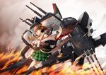  bare_shoulders big.g blood blue_eyes blush boots breasts brown_hair cannon damaged detached_sleeves fire hairband headgear hiei_(kantai_collection) japanese_clothes kantai_collection long_hair missile personification short_hair skirt torn_clothes turret 