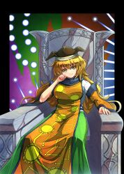  1girl absurdres black_border black_trim blonde_hair border breasts brown_hat chair commentary_request constellation constellation_print danmaku detached_sleeves dot_nose eyelashes green_skirt hair_between_eyes hand_on_own_cheek hand_on_own_face hat highres large_breasts long_hair long_skirt long_sleeves looking_to_the_side matara_okina orange_sleeves orange_tabard outside_border schnuz shirt sitting skirt smirk solo spell_card sun_print sun_symbol tabard tate_eboshi touhou very_long_hair white_shirt wide_sleeves yellow_eyes 