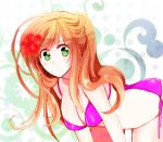  1girl all_fours axis_powers_hetalia bikini brown_hair flower green_eyes hair_flower hair_ornament hibiscus hungary_(hetalia) kei_(magicmajidedaisuki) long_hair swimsuit 