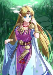  1girl absurdres adjusting_hair armor bead_necklace beads belt blonde_hair blue_eyes blue_trim bracer breasts brown_belt cape cape_lift circlet commentary_request curtained_hair day dress earrings feet_out_of_frame gem gold_bracer gold_trim hand_up highres jewelry lifting_own_clothes long_hair long_pointy_ears long_sidelocks looking_at_viewer medium_breasts necklace outdoors parted_bangs parted_lips pink_dress pointy_ears princess_zelda red_gem schnuz short_sleeves shoulder_armor sidelocks smile solo standing straight_hair the_legend_of_zelda the_legend_of_zelda:_a_link_between_worlds triforce triforce_print very_long_hair white_cape white_dress wind wind_lift 