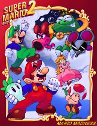  birdo blonde_hair blue_eyes blue_shirt bow breasts brown_hair claws crown dress earrings facial_hair food gloves green_hat green_overalls hat highres holding holding_food holding_vegetable homar_simpleton jewelry long_hair looking_at_another looking_down luigi mario mouser multiple_boys mustache open_mouth overalls pink_dress princess_peach red_bow red_hat red_overalls shirt sphere_earrings sunglasses super_mario_bros. super_mario_bros._2 teeth toad_(mario) turnip vegetable wart_(mario) white_gloves 