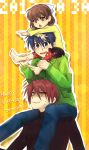  1girl 2boys blue_eyes blue_hair brown_eyes brown_hair carrying clannad father_and_daughter furukawa_akio happy_birthday kiev multiple_boys okazaki_tomoya okazaki_ushio short_hair shoulder_carry 