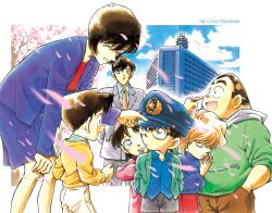 3girls 4boys :d :o ;d aoyama_goushou arms_behind_back black-framed_eyewear black_hair blue_eyes blue_hat blue_jacket blue_shirt blue_skirt border brown_hair brown_shorts cherry_blossoms closed_eyes closed_mouth collarbone collared_shirt cowboy_shot day dress edogawa_conan eye_contact falling_petals feet_out_of_frame freckles glasses green_eyes green_hoodie grey_jacket grey_pants grey_shorts haibara_ai hand_in_pocket hand_on_own_knee hands_in_pockets hat head_tilt highres hood hood_down hoodie jacket kojima_genta leaning_forward long_sleeves looking_at_another meitantei_conan multiple_boys multiple_girls necktie non-web_source official_art one_eye_closed open_clothes open_jacket open_mouth outdoors outside_border own_hands_together painting_(medium) pants pencil_skirt petals pink_dress pink_petals pointing pointing_at_self police_hat red_shirt red_skirt satou_miwako shirt short_hair shorts skirt smile standing takagi_wataru_(meitantei_conan) traditional_media tsuburaya_mitsuhiko turtleneck turtleneck_shirt u_u watercolor_(medium) wavy_hair white_border white_hood white_pants yawning yellow_necktie yellow_shirt yoshida_ayumi 