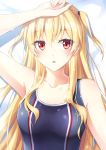  1girl alisa_leinfort aoi_usagi blonde_hair competition_swimsuit eiyuu_densetsu long_hair one-piece_swimsuit red_eyes sen_no_kiseki solo swimsuit wet 