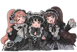  3girls :d :o ;d black_bow black_dress black_hair black_ribbon blue_eyes blunt_bangs bow bowtie brown_hair commentary_request demon_horns dress fang gaaruru_(pripara) gothic_lolita grey_bow grey_bowtie hairband heart horns juliet_sleeves kurosu_aroma lolita_fashion lolita_hairband long_hair long_sleeves looking_at_viewer multiple_girls neck_ribbon one_eye_closed open_mouth ponytail pretty_series pripara puffy_long_sleeves puffy_sleeves red_hair ribbon rituyama1 shiratama_mikan simple_background smile standing twintails 