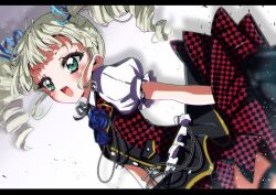  1girl :d aikatsu! aikatsu!_(series) blue_flower blue_rose blunt_bangs chain checkered_clothes checkered_dress cowboy_shot cross dress drill_hair dutch_angle fang flower frilled_sleeves frills green_eyes hair_ribbon highres letterboxed long_hair looking_at_viewer open_mouth pleated_dress puffy_short_sleeves puffy_sleeves red_dress ribbon rose shinji_(udonteishoku) short_sleeves smile solo standing todo_yurika twin_drills twintails white_background 