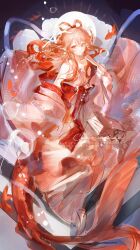  1girl absurdres air_bubble arknights bubble chinese_clothes chinese_commentary closed_mouth commentary_request commission coral_hair_ornament feixianji_(hairstyle) fish goldfish hair_ornament hair_rings hand_fan hanfu haruka_(arknights) haruka_(stranded_in_utopia)_(arknights) highres holding holding_fan long_hair long_sleeves looking_at_viewer merfolk mermaid monster_girl monsterification official_alternate_costume orange_eyes orange_hair oy_youyou_yo shawl solo very_long_hair wide_sleeves 