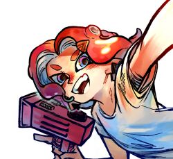  1girl :d ange_katrina blue_eyes commentary_request gradient_eyes gun holding holding_gun holding_weapon looking_at_viewer multicolored_eyes nijisanji octoling open_mouth red_hair shirt short_sleeves shou-star simple_background smile solo splatoon_(series) splatoonification splattershot_jr._(splatoon) t-shirt teeth tentacle_hair upper_body violet_eyes virtual_youtuber weapon white_background white_shirt 