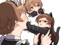  2girls angry animal_ears braid brown_eyes brown_hair cat_ears cat_tail commentary_request commission green_eyes idolmaster idolmaster_million_live! idolmaster_million_live!_theater_days kamille_(vcx68) kitazawa_shiho kitazawa_shiho_(soraneko_cafe) long_hair looking_at_another mini_person minigirl multiple_girls official_alternate_costume sakuramori_kaori short_hair simple_background tail watermark white_background 