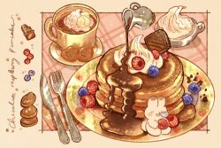  blueberry candy chocolate chocolate_bar chocolate_syrup commentary cream cup english_commentary floral_print food food_focus fork fruit highres holding holding_food holding_fruit hot_chocolate knife marshmallow nao_(bestrollever) napkin no_humans nose_bubble original pancake pancake_stack plate pouring rabbit raspberry saucer syrup syrup_dispenser teacup 