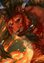  1boy alsareslynx artist_name blind_eye body_markings brown_hair english_commentary facial_mark fangs feather_hair_ornament feathers final_fantasy final_fantasy_vii fire furry furry_male hair_ornament highres looking_at_viewer male_focus mane open_mouth red_fur red_xiii roman_numeral scar scar_across_eye scar_on_face smile whiskers 