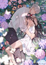  1boy 1girl bare_legs bare_shoulders black_pants blunt_bangs brown_hair chinese_commentary closed_eyes closed_mouth commentary_request couple dated day dress feet_out_of_frame flower_hairband from_above grass hetero highres hug hug_from_side long_hair love_and_deepspace nose on_ground outdoors pants profile protagonist_(love_and_deepspace) shirt short_hair short_sleeves sleeves_rolled_up sylus_(love_and_deepspace) sylus_(valleydream_bloom)_(love_and_deepspace) watermark weibo_username weibo_watermark white_dress white_hair white_shirt zhishuo418 
