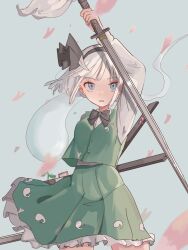  1girl blue_background blue_eyes bob_cut bow bowtie colored_eyebrows commentary_request cowboy_shot falling_petals ghost_print green_skirt green_vest hair_bow hairband holding holding_sword holding_weapon katana konpaku_youmu konpaku_youmu_(ghost) long_sleeves looking_at_viewer petals sheath shirt short_hair skirt sword touhou vest wakizashi wata25i weapon white_hair white_shirt 
