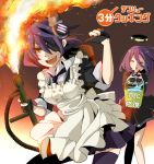  2girls apron bucket checkered_necktie closed_eyes commentary eyepatch fingerless_gloves fire flamethrower gloves headgear kantai_collection mechanical_halo multiple_girls open_mouth personification purin0 purple_hair short_hair sweatdrop tatsuta_(kantai_collection) tenryuu_(kantai_collection) thighhighs water weapon yellow_eyes 