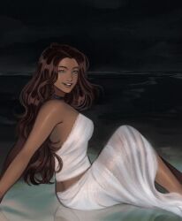  1girl avatar_legends black_choker blue_eyes braid brown_hair choker commentary dark-skinned_female dark_skin from_side gittanart highres katara long_hair looking_at_viewer night outdoors shirt sitting skirt solo strapless strapless_shirt very_long_hair water white_shirt white_skirt 