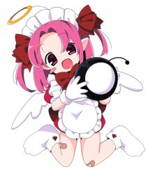  1girl 2000s_(style) angel angel_wings apron bk_(barakoodra) blush_stickers bow commentary dot_nose english_commentary fang full_body gloves halo kneeling looking_at_viewer open_mouth original paw_socks pink_hair pointy_ears single_blush_sticker solo two_side_up white_background wings 