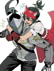  +++ 1boy 1girl arms_around_neck belt black_pants bul_jelly commentary_request cyborg facial_mark fingerless_gloves fox_mask genji_(overwatch) gloves green_hair grey_jacket hair_between_eyes jacket japanese_clothes kimono kiriko_(overwatch) korean_commentary long_sleeves mask open_mouth overwatch pants ponytail short_sleeves teeth white_background 