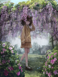  1girl absurdres animal_ears ankle_socks arm_at_side black_eyes black_hair black_shoes brown_cardigan brown_skirt bush cardigan cat_ears closed_mouth commentary day double-parted_bangs expressionless flower from_side full_body hair_between_eyes hair_ornament hairclip hand_up highres house katamimi123 long_bangs long_sleeves looking_at_viewer looking_to_the_side mary_janes original outdoors parallel_hairclips pink_flower pleated_skirt scenery school_uniform shoes short_hair skirt sleeves_past_wrists socks solo standing turning_head walking white_socks 