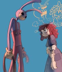  1boy 1girl animal_ears black_eyes blue_background bow bug centipede chinese_commentary colored_sclera colored_teeth commentary_request dress furry furry_male gloves grin hair_bow hand_on_own_arm highres holding holding_bug holding_rope jax_(the_amazing_digital_circus) medium_hair mistywine overalls pink_overalls purple_bow purple_dress rabbit_boy rabbit_ears ragatha_(the_amazing_digital_circus) red_hair rope smile sweat the_amazing_digital_circus yellow_gloves yellow_sclera yellow_teeth 