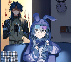  1boy 1girl angry animal_hood apron blade_(honkai:_star_rail) blue_hair can commentary_request couch curtained_hair drill_hair eyewear_on_head frying_pan gloves gradient-tinted_eyewear grey_eyes grey_hair hair_between_eyes handheld_game_console holding honkai:_star_rail honkai_(series) hood indoors long_hair nao_(naoooo_a) nervous_sweating official_alternate_costume on_couch onesie playing_games screen_light silver_wolf_(comfy_bunny_onesie)_(honkai:_star_rail) silver_wolf_(honkai:_star_rail) single_glove sitting sweat tinted_eyewear turtleneck 