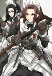  2girls apron asterisk_kome bandolier bayonet belt black_bow black_bowtie black_hair blue_eyes bow bowtie brown_gloves brown_hair closed_mouth commentary_request dress explosive frills gina_wallace glasses gloves grenade gun heroes_of_order highres holding holding_gun holding_weapon long_hair long_sleeves maid maid_apron maid_headdress marie_gardner multiple_girls pump_action ribbon shotgun smile standing stielhandgranate sword trigger_discipline weapon white_apron 