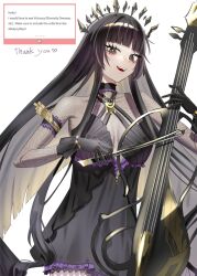  1girl arknights black_dress black_eyes black_gloves black_hair bodystocking breasts commentary dress english_commentary english_text fan_request feet_out_of_frame gloves highres holding holding_instrument holding_violin instrument light_blush long_hair looking_at_viewer magnum_0000 marshmallow_(site) mole mole_under_eye official_alternate_costume open_mouth playing_instrument sidelocks simple_background smile solo standing teeth upper_teeth_only very_long_hair violin virtuosa_(arknights) virtuosa_(diversity_oneness)_(arknights) white_background 
