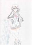  1girl case colored_pencil_(medium) graphite_(medium) iyakun jacket kill_la_kill leaning letterman_jacket looking_at_viewer matoi_ryuuko ribbon shoes short_hair sketch skirt sneakers solo traditional_media 