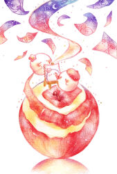  absurdres apple apple_peel beret blush colored_pencil_(medium) commentary_request constellation crescent easel floating flower flower_on_head food fruit ghost hat highres holding holding_pencil no_humans original pencil pink_flower simple_background sketchbook traditional_media white_background yukichi_0611 